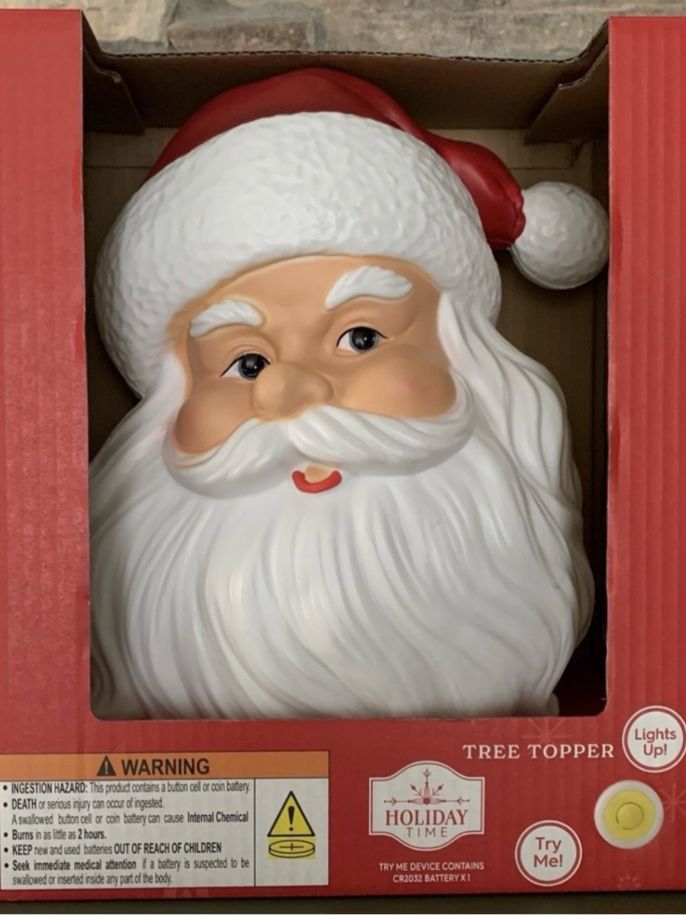 Brand New in box Holiday Time Santa Tree Topper 12 “Light Up Blow Mold